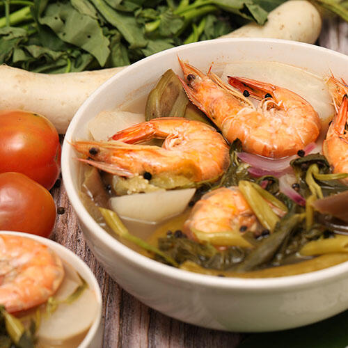 Shrimp Sinigang Filipino Soup Photo Set Shrimp Sinigang Filipino soup stock photo bundle with styled bowls and sour broth ingredients, ideal for rainy day features and food blogs